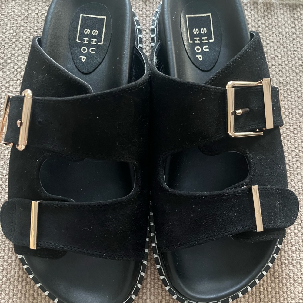 ShuShop Black Suede Double-Buckle Slide Sandals with Gold Hardware